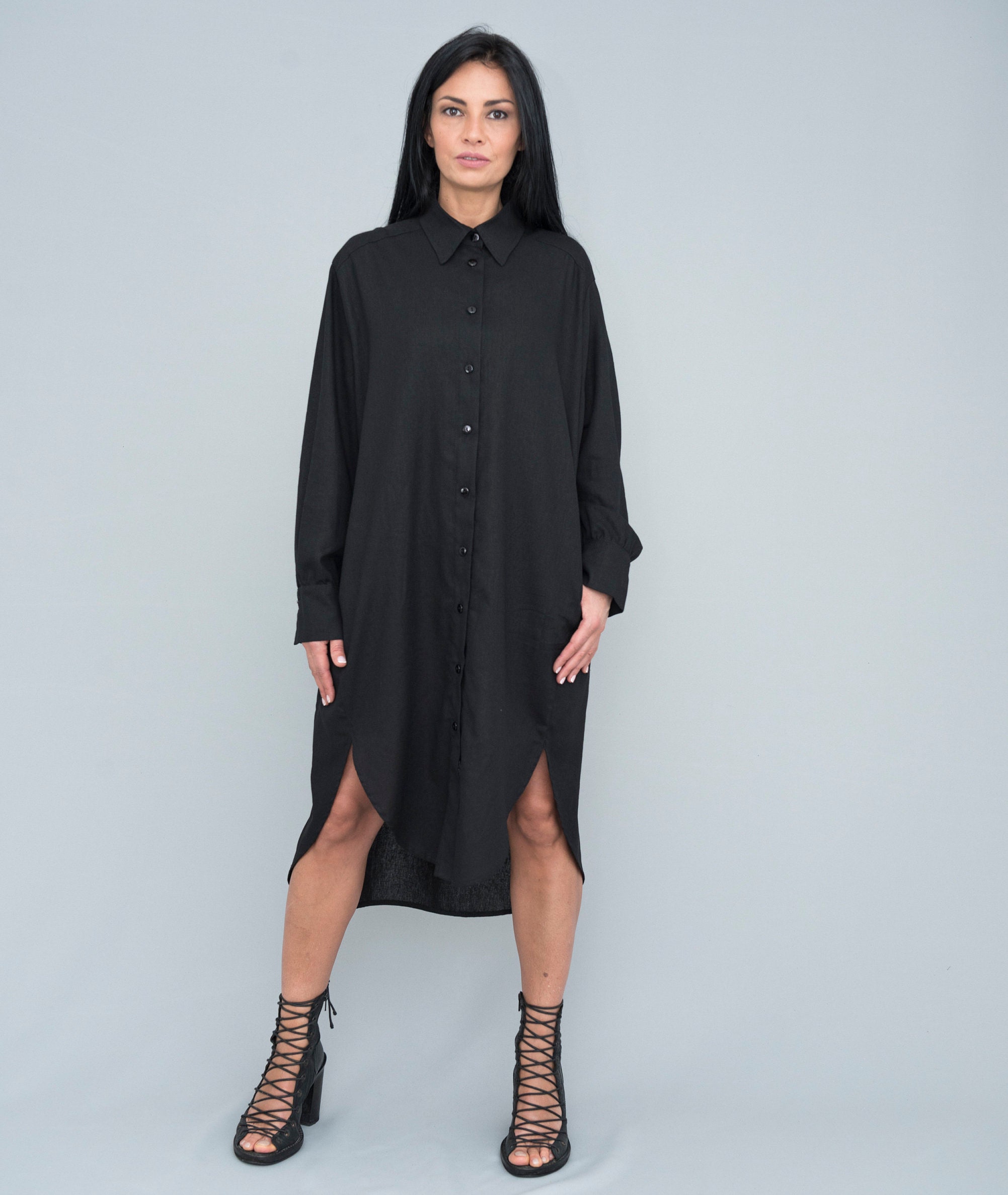 Buy Black Linen Shirt Dress , Long Sleeve Shirt Dress with Pockets KOTYTO — free download