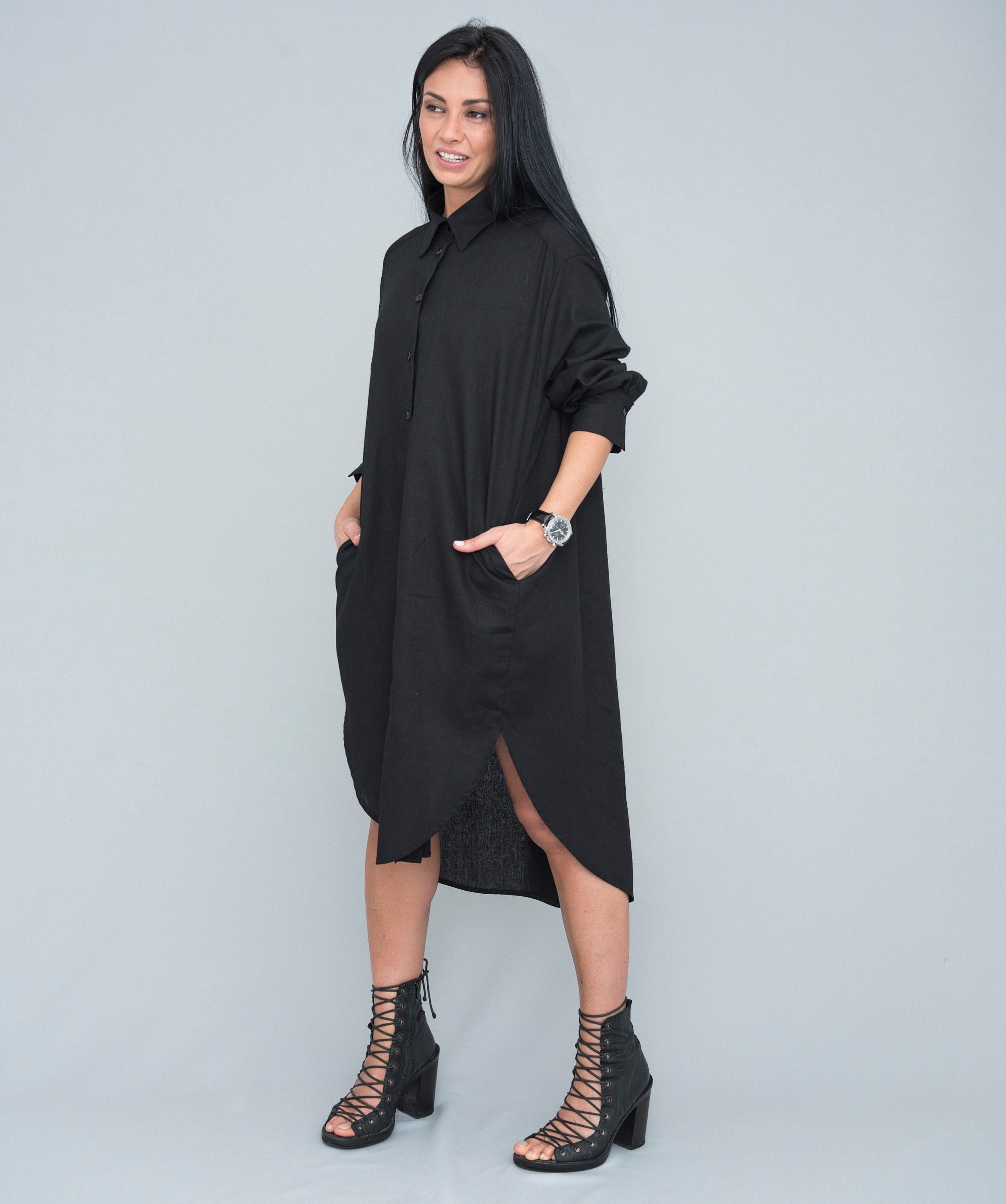 Cotton & Linen Shirred Pocket Long Dress